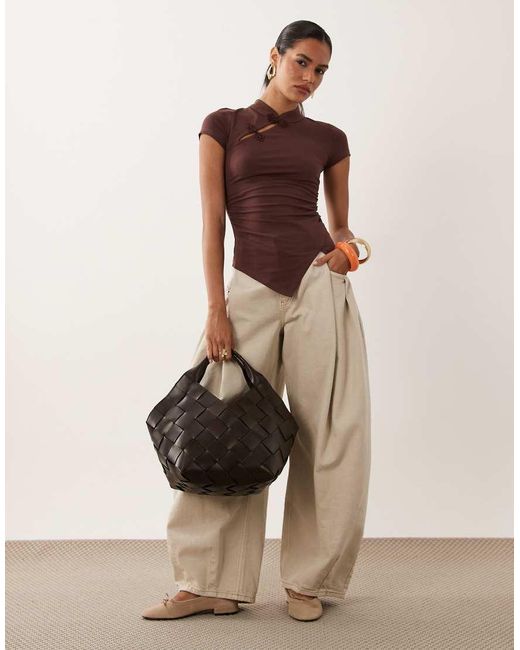 ASOS Brown Stand Collar Cap Sleeve Top