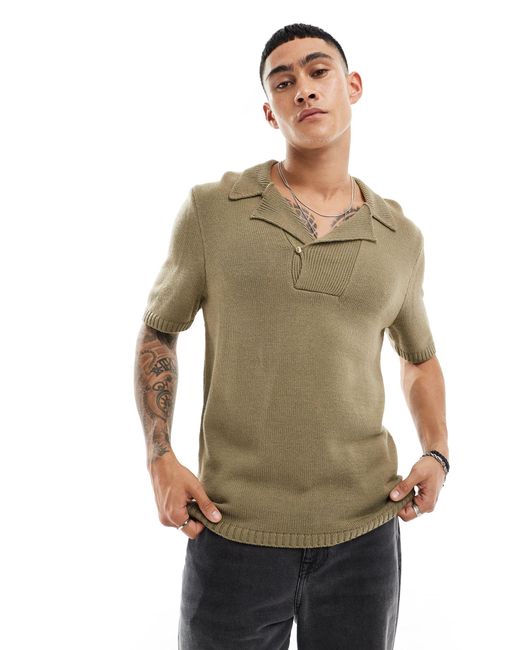ASOS Green Knitted Chunky Notch Neck Polo for men
