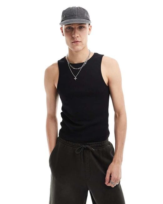 Collusion Black Ribbed Singlet for men
