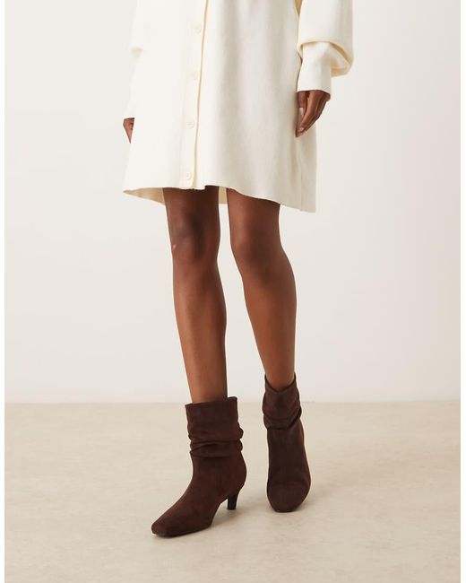 Glamorous Brown Kitten Heel Ruched Mid Ankle Boots