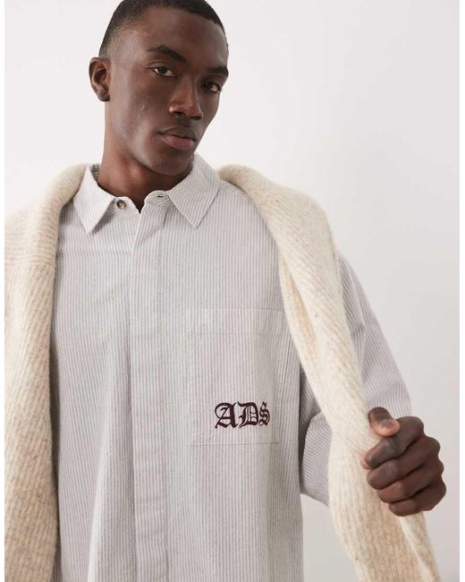 ASOS Natural Oversized Stripe Shirt With Pocket Embroidery for men