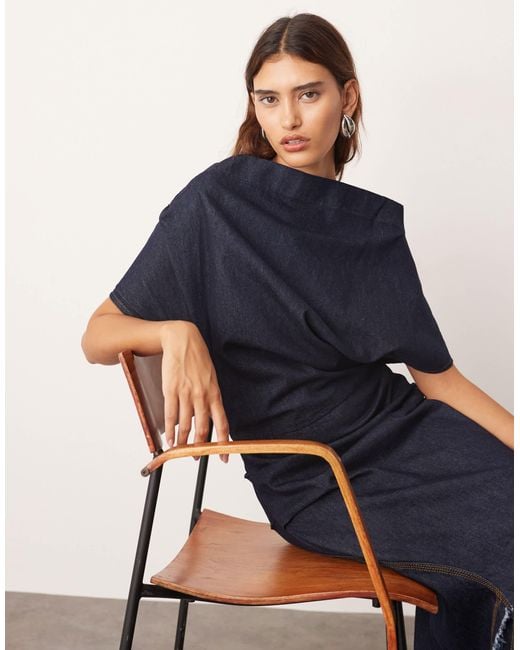 ARRANGE Blue Draped Indigo Denim Maxi Dress