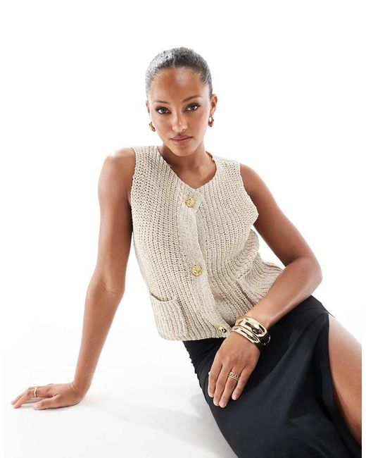 4th & Reckless White Boucle Knit Gold Button Detail Sleeveless Waistcoat Top