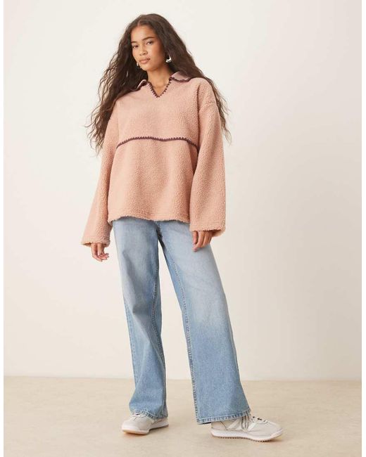 ASOS Natural Borg Fleece Pullover Sweat With Blanket Stitch Detail