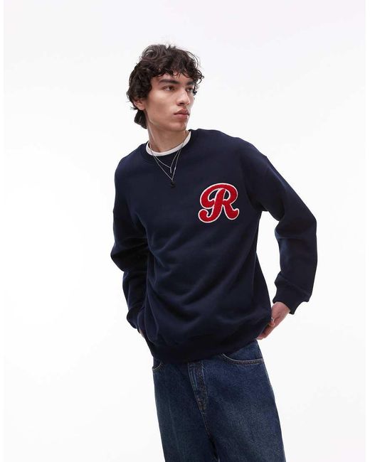 Sudadera Extragrande Con Bordado De Letra De Chenilla De Topman de hombre de color Blue