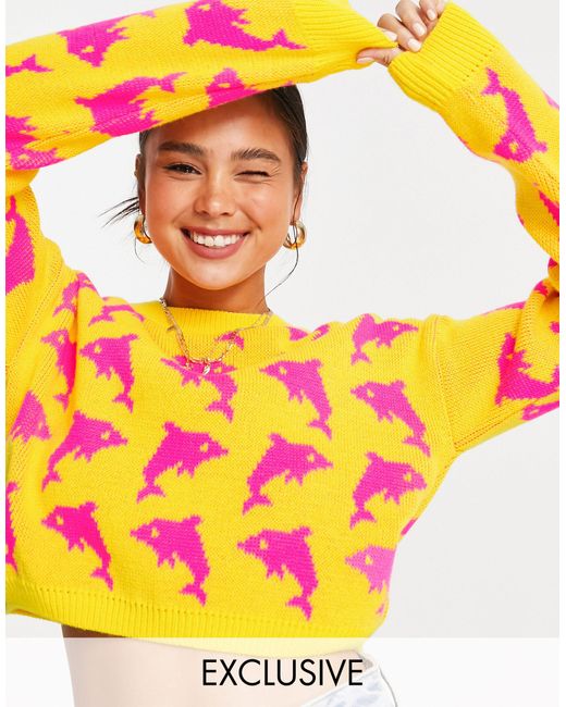 Collusion Yellow Boxy Jumper With Dolphin Jacquard