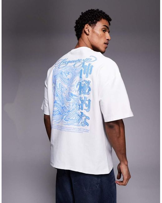 River Island White Oversized 'kagawa' Dragon Print T-shirt for men