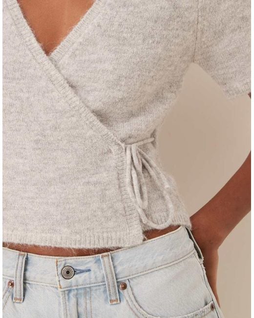 Gina Tricot Natural Short Sleeve V Neck Knitted Wool Alpaca Wrap Tie Front Top