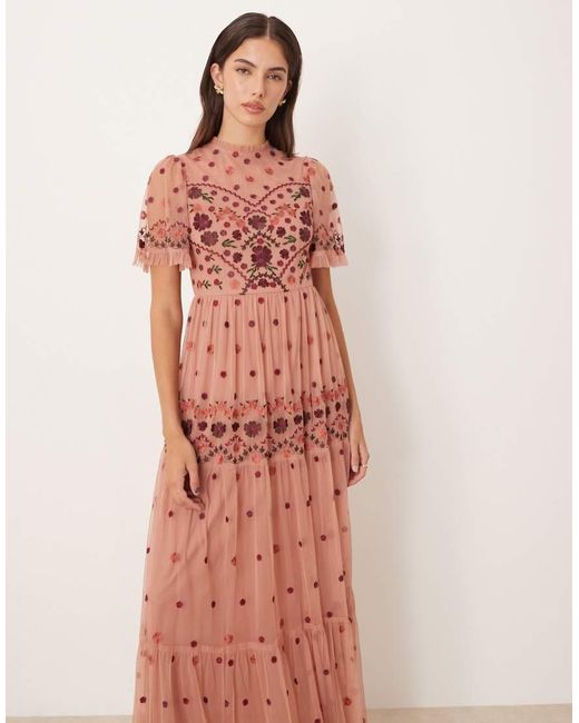 Maya Pink Embroidered High Neck Maxi Dress