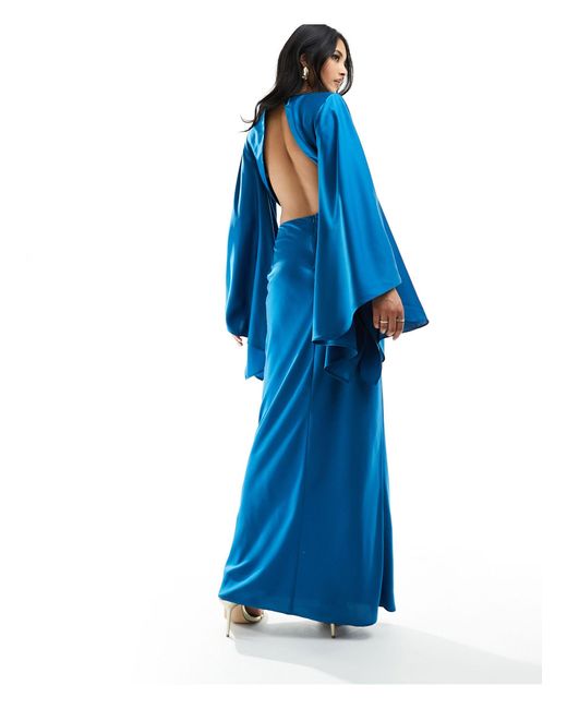 ASOS Blue Satin Cut Out Maxi Dress With exaggerated Sleeve Detail