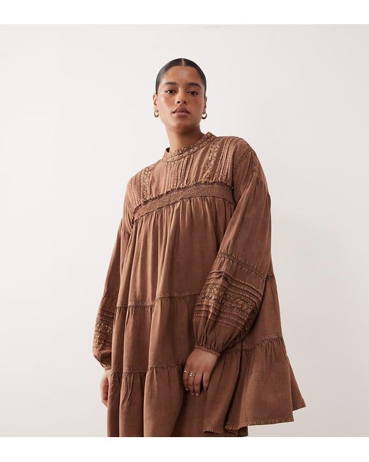 ASOS Brown Asos Design Curve Mini Smock Dress With Lace Trims