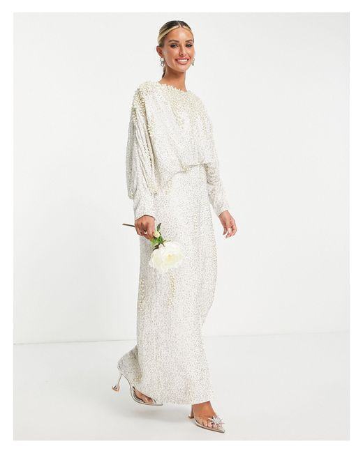 ASOS Embellished Pearl Batwing Sleeve Maxi Dress-white | Lyst