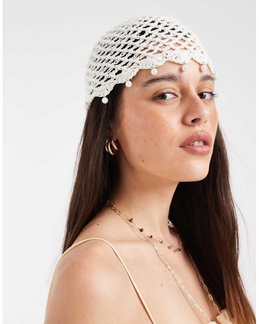 Gina Tricot Natural Crochet Beanie With Faux Pearl Trim