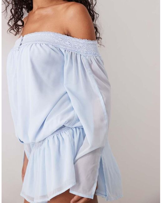Tiger Mist White Tessie Chiffon Bardot Wide Sleeve Plunge Detail Cinched Waist Playsuit
