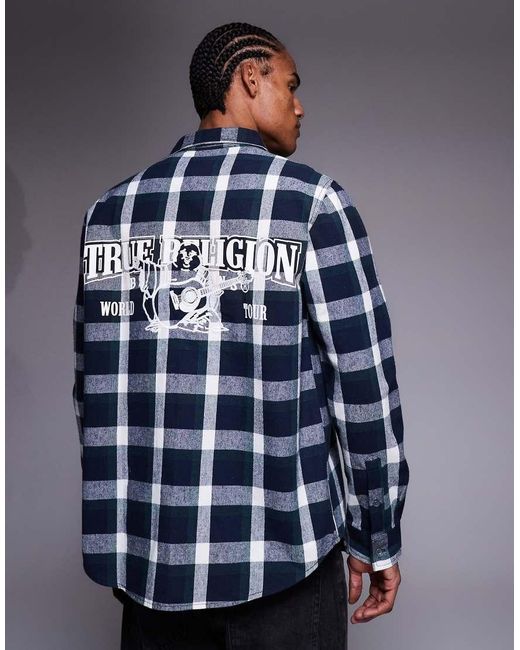True Religion Blue Long Sleeve Plaid Logo Shirt With Back Print for men