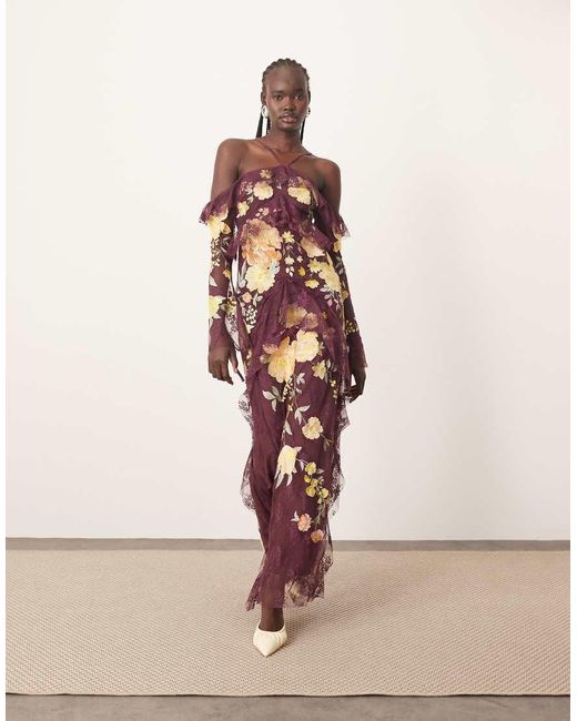 ARRANGE Geborduurde Maxi Jurk Met Kant, Halternek, Blote Schouders En Ruches in het Pink