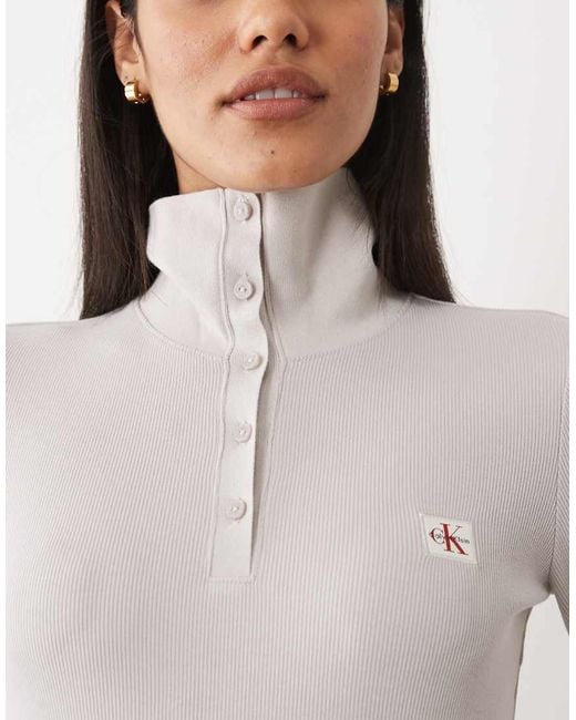 Calvin Klein Gray Long Sleeve Woven Label High Neck Henley Top