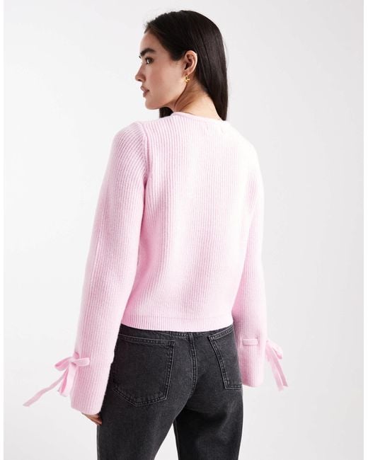 Pieces Pink Knitted Cardigan With Pearl Buttons And Bow Tie Cuffs