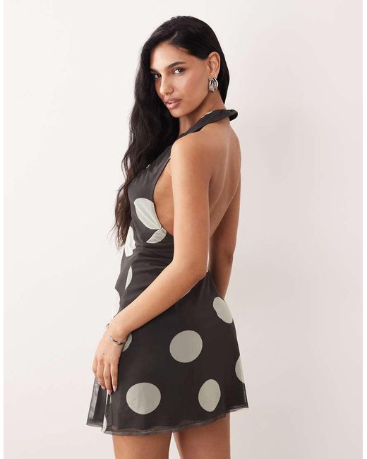 ASOS Natural Printed Mesh Ruched Halter Neck Mini Dress