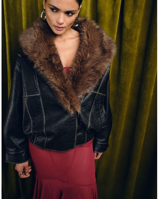 ASOS Black Leather Look Shawl Collar Faux Fur Collar Bomber Jacket
