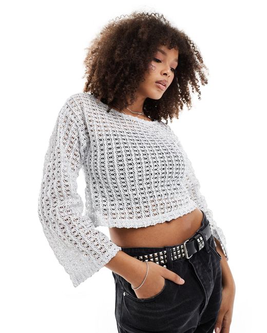 Pieces Gray Festival Two Tone Crochet Wide Sleeve Top With