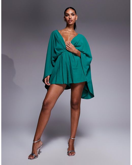 ASOS Blue exaggerated Sleeve Plunge Playsuit