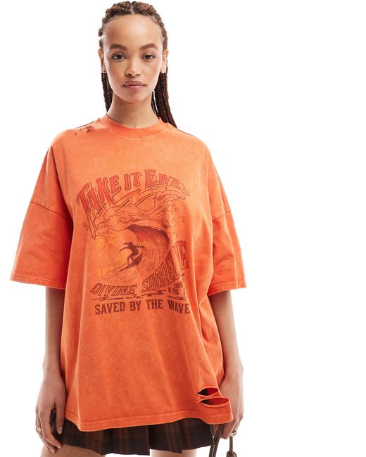 Urban Revivo Orange Surf Print Oversized T-shirt