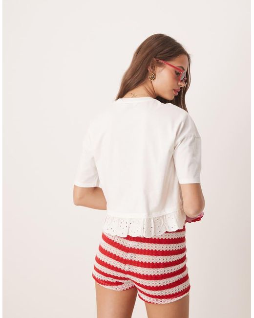 Miss Selfridge Red Broderie Hem Short Sleeve T-Shirt