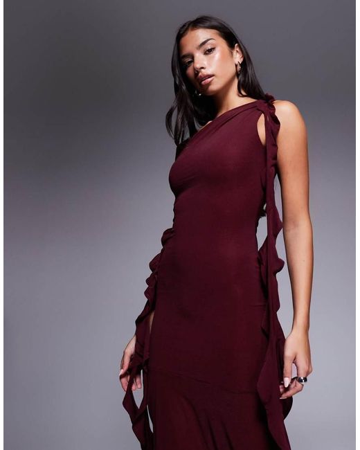 ASOS Purple Stretch Chiffon Maxi Dress With Cut-out And Ruffle Detail