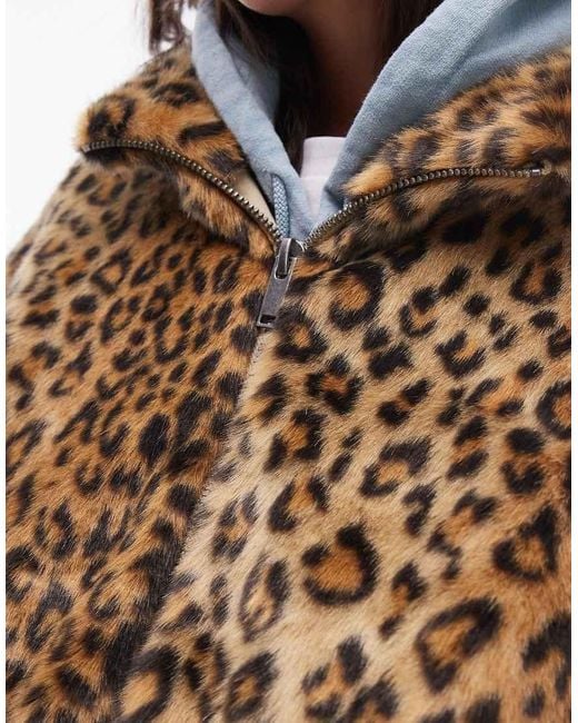 TOPSHOP Blue Faux Fur Leopard Print Zip Through Bomber Jacket