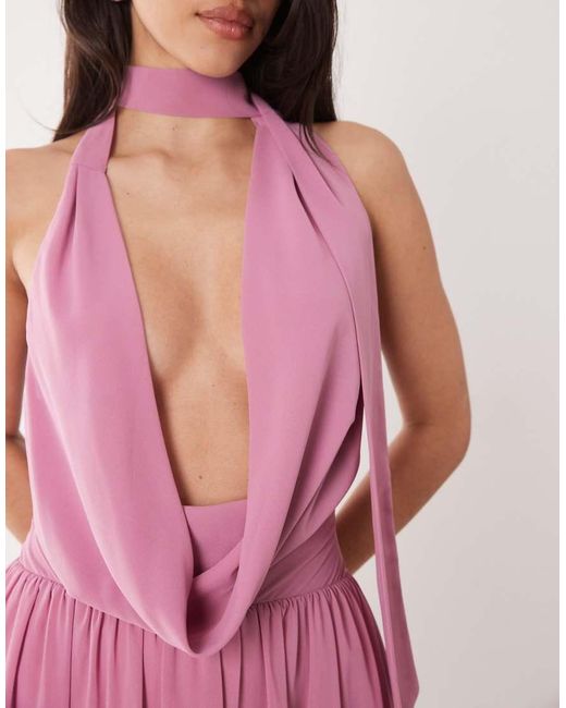Aria Cove Pink Chiffon Deep Plunge Cowl Neck Wrap Scarf Detail Maxi Dress