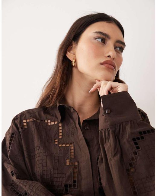 ARRANGE Brown Oversized Shirt With Cutwork Embroidery