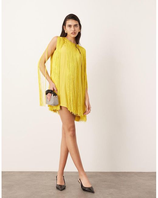 ASOS Ultimate Fringe Trapeze Mini Dress in Yellow | Lyst UK