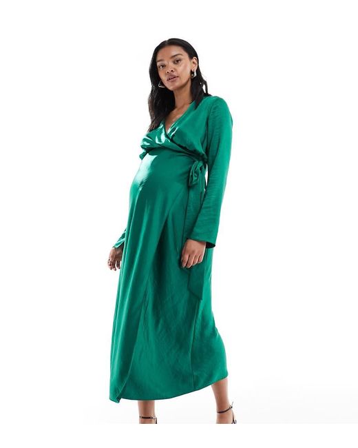 ASOS Green Asos Design Maternity Satin Long Sleeve Wrap Detail Midaxi Dress