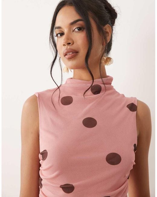 ASOS Pink Printed Polka Dot Ruched Drop Waist Circle Dress With Grown