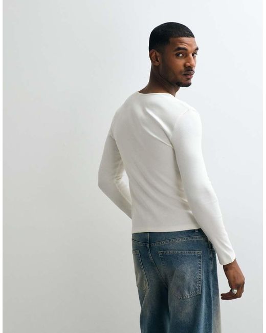 Collusion White Ribbed Muscle Long Sleeve Henley T-Shirt Top for men