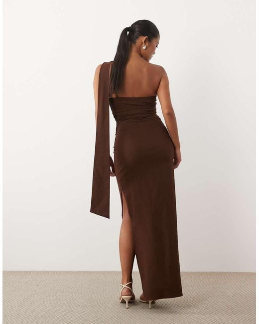 TFNC London Brown Bengaline One Shoulder Draped Maxi Dress