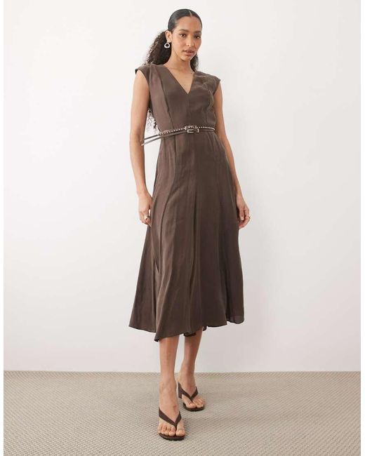Mango Natural V Neck Belted Midi Dress
