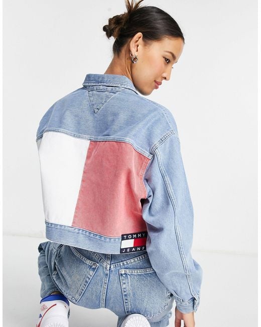 Tommy Hilfiger Blue Tommy Jeans Oversized Cropped Denim Jacket With Tommy Colours