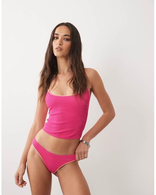 ASOS Red Crinkle Contrast Binding High Leg Bikini Bottom
