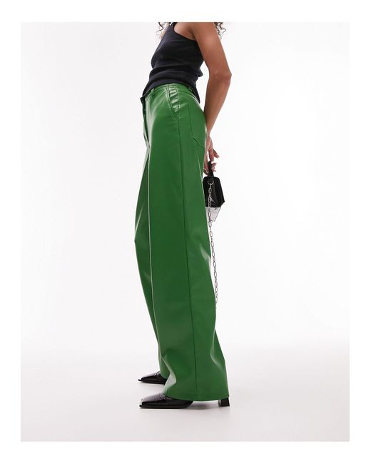 TOPSHOP Green Faux Leather Wide Leg Trouser