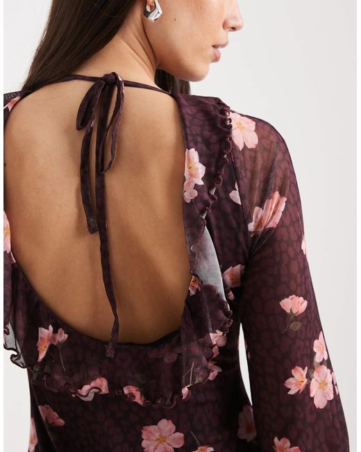 New Look Red Floral Mesh Long Sleeve Mini Dress