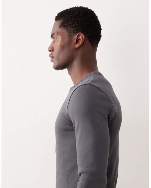 ASOS Gray Muscle Fit Long Sleeve Heavyweight T-shirt With Henley Neck for men