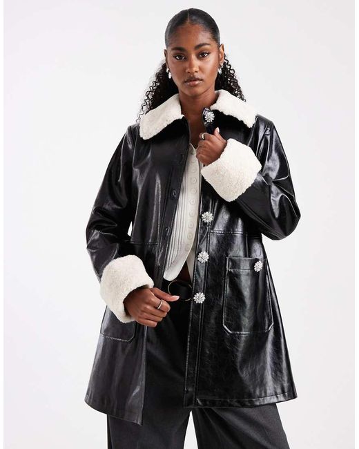 Miss Selfridge Black Contrast Collar Faux Leather Coat