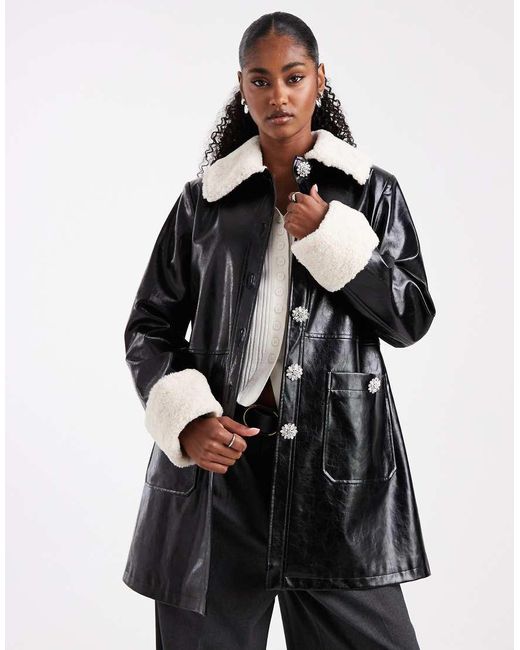 Abrigo Con Solapas En Contraste De Cuero Sintético De Miss Selfridge de color Black