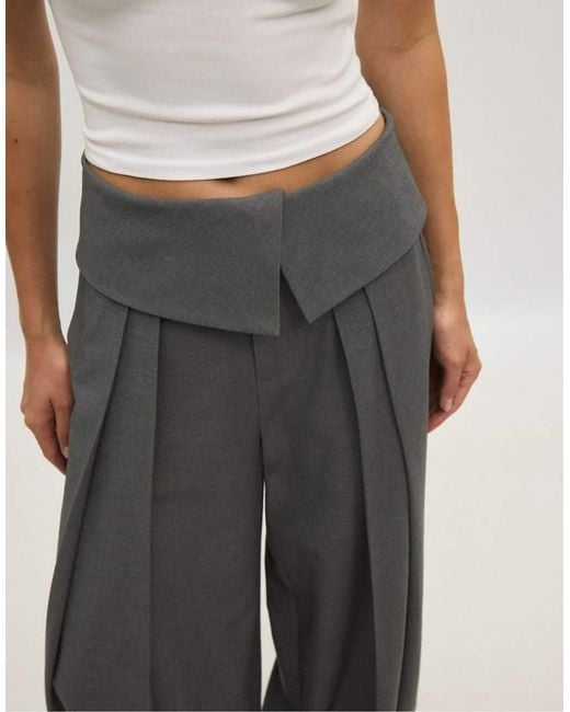 Stradivarius Gray Wide-Leg Trousers With Turned-Up Waistband