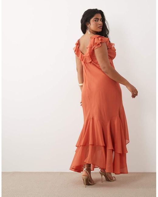 ASOS Red Asos Design Curve Frill Sleeve Maxi Dress With Fishtail Hem