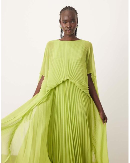 ARRANGE Green Chiffon Pleat Volume Maxi Dress With Wide Sleeve