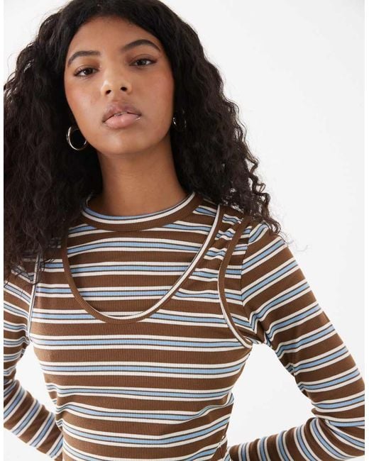 Collusion Gray Long Sleeve Double Layer Striped Top