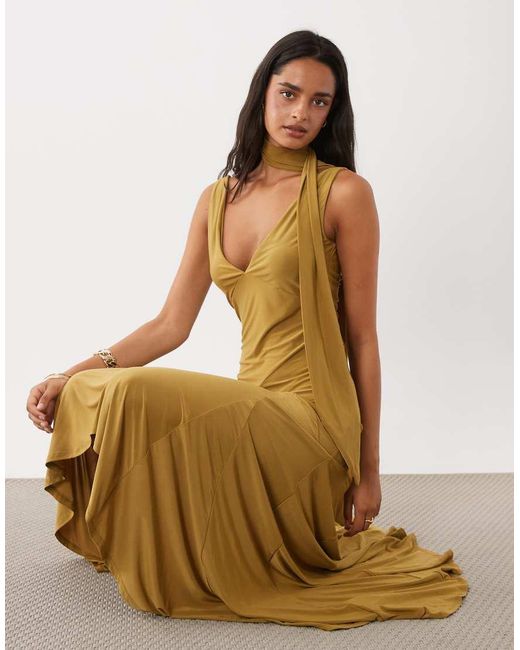 ASOS Natural Scarf Detail Godet Midi Dress